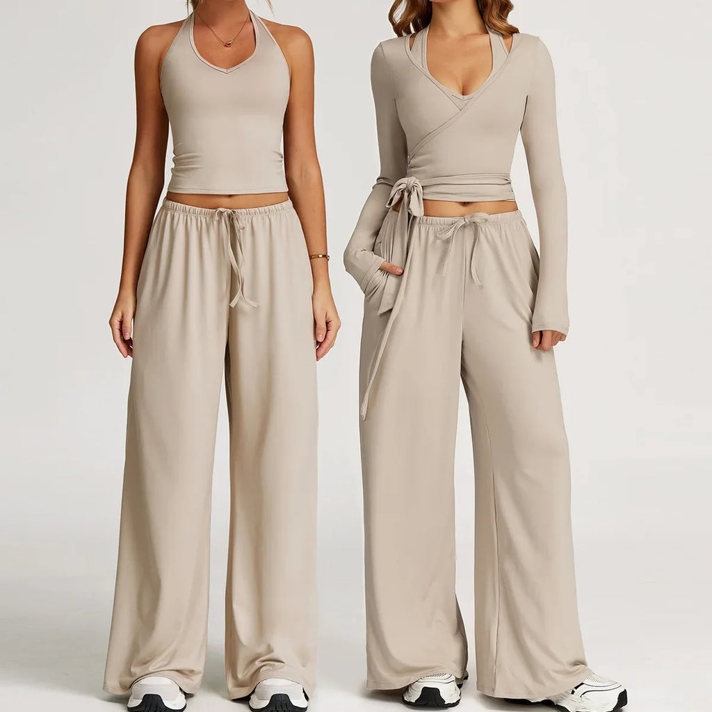 New Women Yoga Set 2/3 Pieces Long sleeves Workout Tracksuit Sportswear Gym Clothing Wide-leg sport pants Fitness Sports Suit